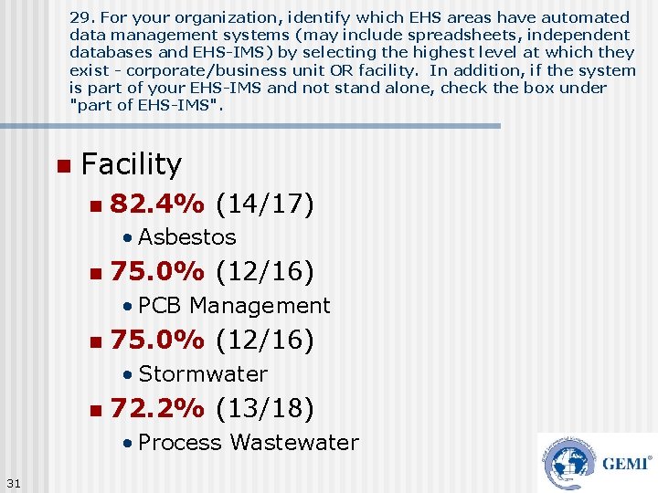 29. For your organization, identify which EHS areas have automated data management systems (may