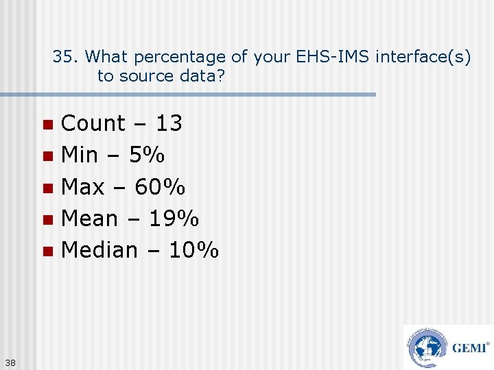 35. What percentage of your EHS-IMS interface(s) to source data? Count – 13 n