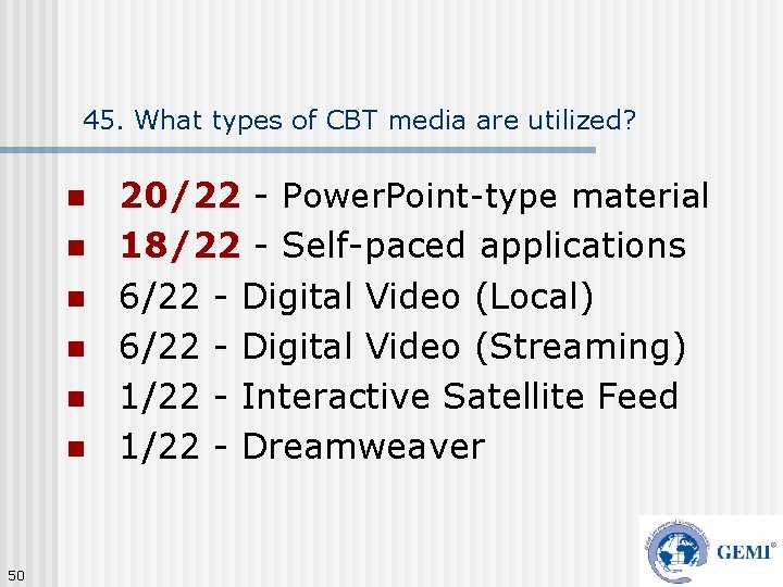 45. What types of CBT media are utilized? n n n 50 20/22 -
