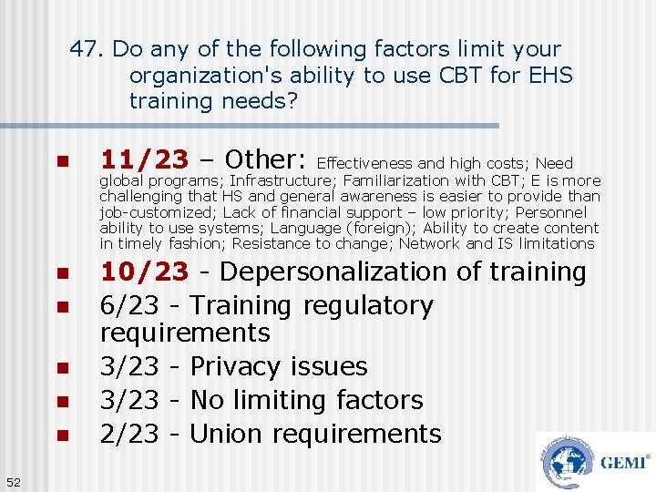 47. Do any of the following factors limit your organization's ability to use CBT