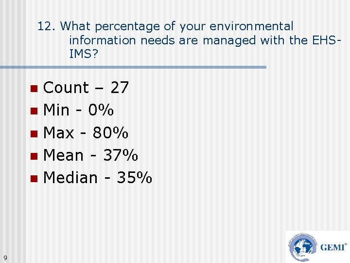 12. What percentage of your environmental information needs are managed with the EHSIMS? Count