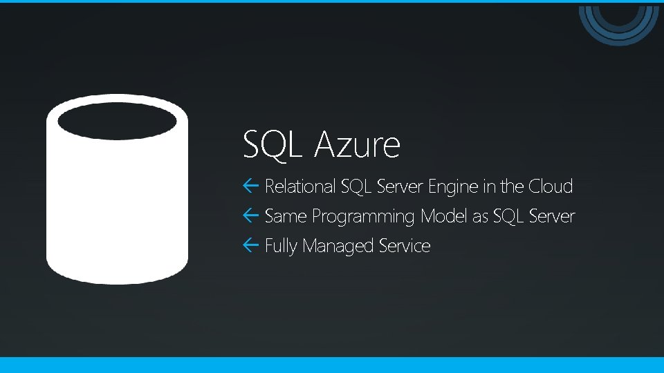 SQL Azure Relational SQL Server Engine in the Cloud Same Programming Model as SQL