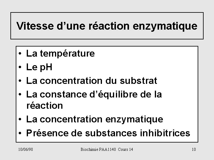 Vitesse d’une réaction enzymatique • • La température Le p. H La concentration du