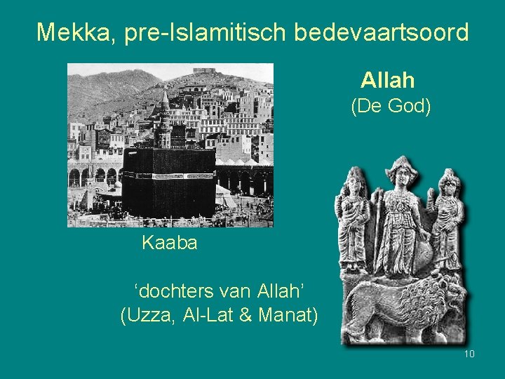 Mekka, pre-Islamitisch bedevaartsoord Allah (De God) Kaaba ‘dochters van Allah’ (Uzza, Al-Lat & Manat)