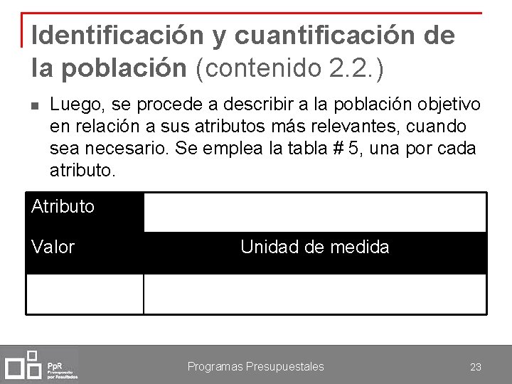 Identificación y cuantificación de la población (contenido 2. 2. ) n Luego, se procede