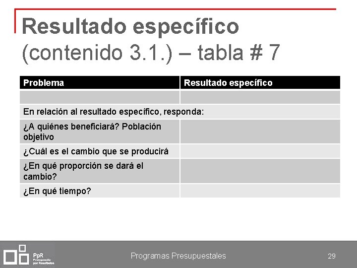 Resultado específico (contenido 3. 1. ) – tabla # 7 Problema Resultado específico En