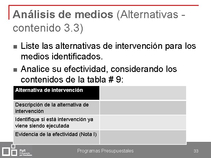 Análisis de medios (Alternativas - contenido 3. 3) n n Liste las alternativas de