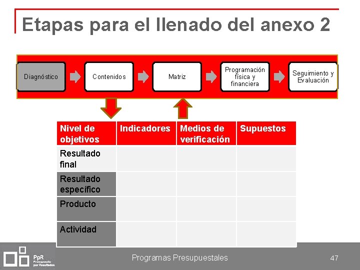 Etapas para el llenado del anexo 2 Diagnóstico Contenidos Nivel de objetivos Matriz Indicadores