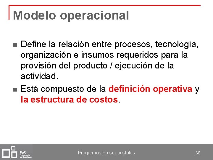 Modelo operacional n n Define la relación entre procesos, tecnología, organización e insumos requeridos