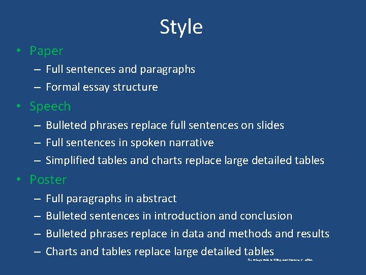 Style • Paper – Full sentences and paragraphs – Formal essay structure • Speech
