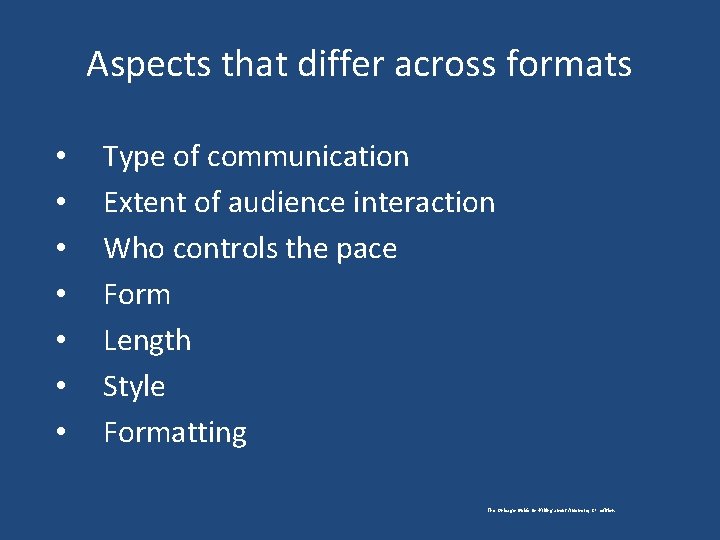 Aspects that differ across formats • • Type of communication Extent of audience interaction