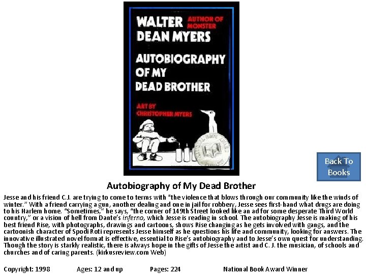 Back To Books Autobiography of My Dead Brother Jesse and his friend C. J.