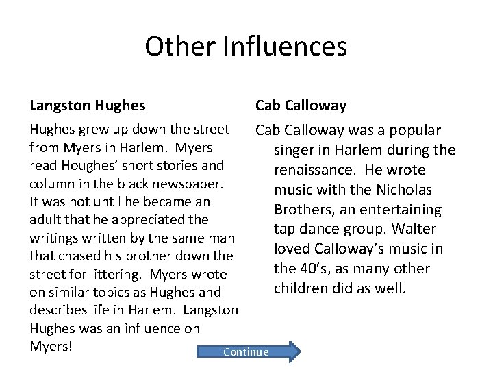Other Influences Langston Hughes Cab Calloway Hughes grew up down the street Cab Calloway