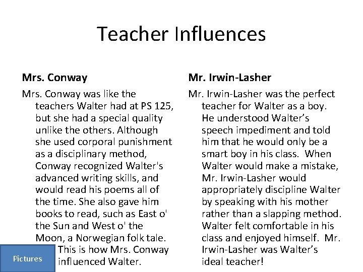 Teacher Influences Mrs. Conway was like the teachers Walter had at PS 125, but