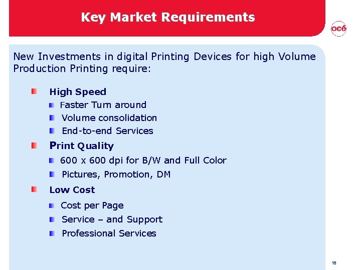 Key Market Requirements New Investments in digital Printing Devices for high Volume Production Printing Key Market Requirements New Investments in digital Printing Devices for high Volume Production Printing