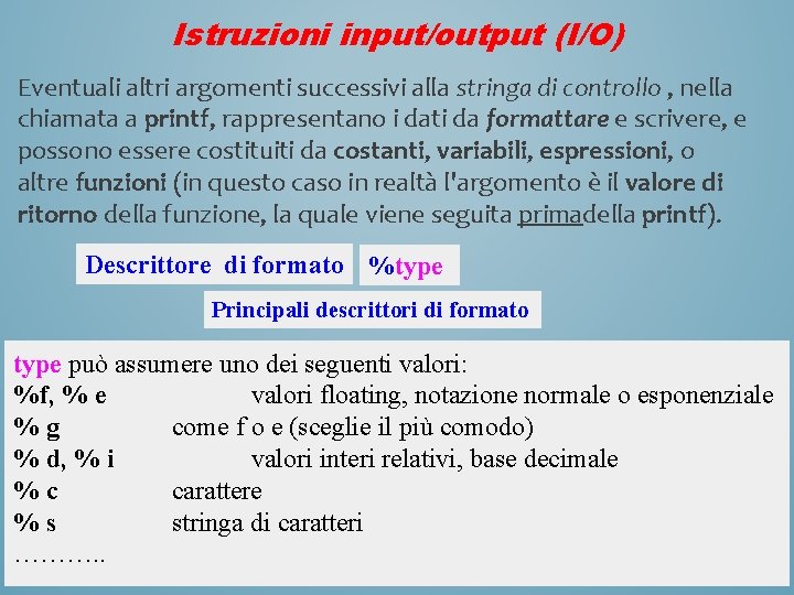 Istruzioni input/output (I/O) Eventuali altri argomenti successivi alla stringa di controllo , nella chiamata