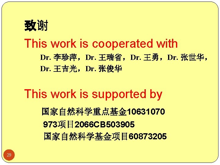致谢 This work is cooperated with Dr. 李珍萍，Dr. 王瑞省，Dr. 王勇，Dr. 张世华， Dr. 王吉光，Dr. 张俊华
