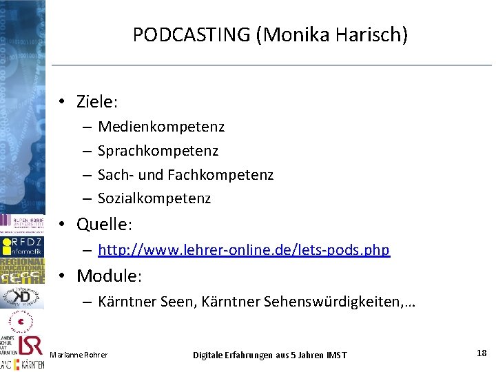PODCASTING (Monika Harisch) • Ziele: – – Medienkompetenz Sprachkompetenz Sach- und Fachkompetenz Sozialkompetenz • PODCASTING (Monika Harisch) • Ziele: – – Medienkompetenz Sprachkompetenz Sach- und Fachkompetenz Sozialkompetenz •