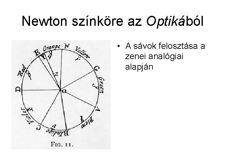 Newton színköre az Optikából • A sávok felosztása a zenei analógiai alapján 