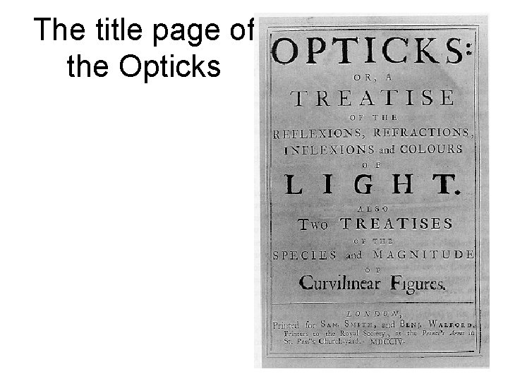 The title page of the Opticks 