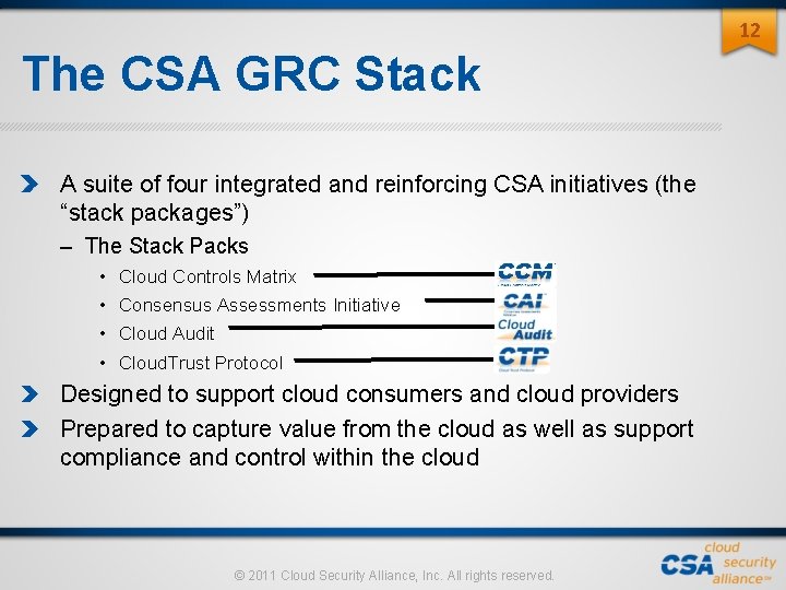 12 The CSA GRC Stack A suite of four integrated and reinforcing CSA initiatives 12 The CSA GRC Stack A suite of four integrated and reinforcing CSA initiatives