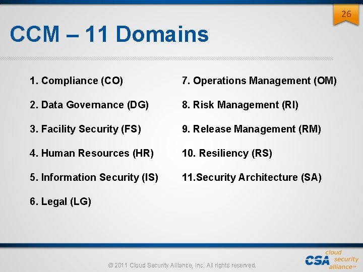 26 CCM – 11 Domains 1. Compliance (CO) 7. Operations Management (OM) 2. Data 26 CCM – 11 Domains 1. Compliance (CO) 7. Operations Management (OM) 2. Data