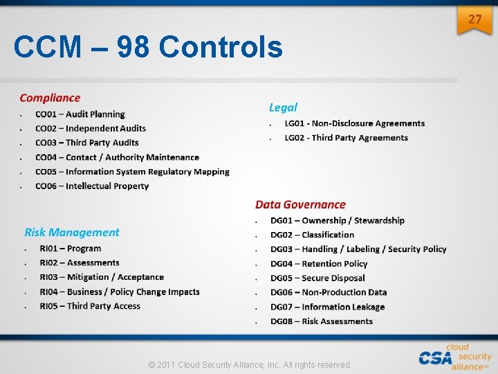 27 CCM – 98 Controls © 2011 Cloud Security Alliance, Inc. All rights reserved. 27 CCM – 98 Controls © 2011 Cloud Security Alliance, Inc. All rights reserved.
