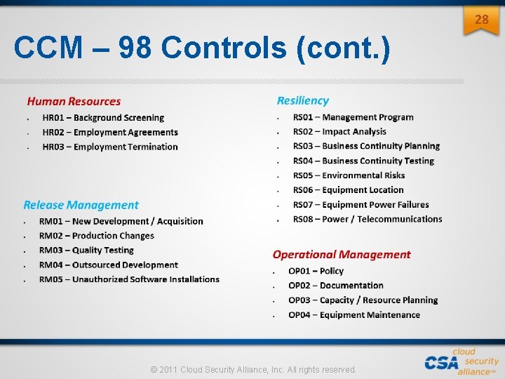 28 CCM – 98 Controls (cont. ) © 2011 Cloud Security Alliance, Inc. All 28 CCM – 98 Controls (cont. ) © 2011 Cloud Security Alliance, Inc. All