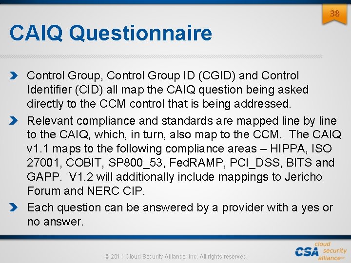 38 CAIQ Questionnaire Control Group, Control Group ID (CGID) and Control Identifier (CID) all 38 CAIQ Questionnaire Control Group, Control Group ID (CGID) and Control Identifier (CID) all