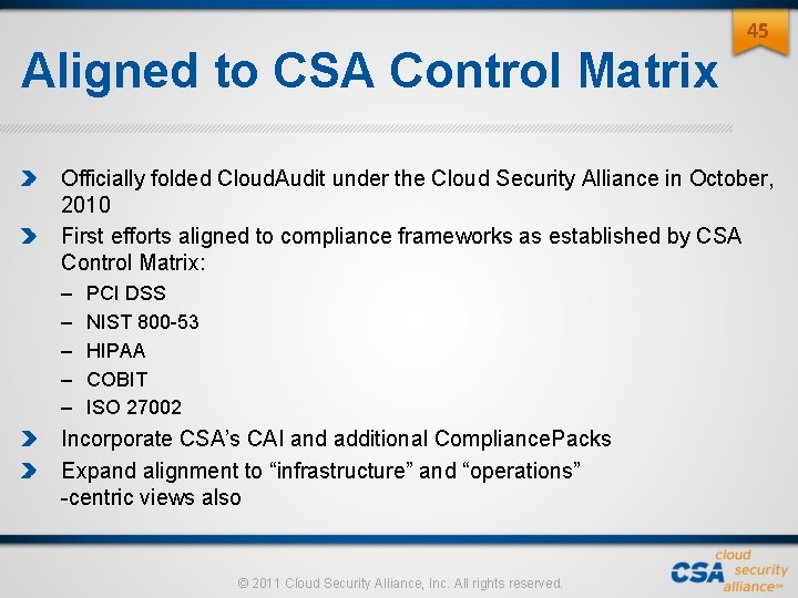 Aligned to CSA Control Matrix 45 Officially folded Cloud. Audit under the Cloud Security Aligned to CSA Control Matrix 45 Officially folded Cloud. Audit under the Cloud Security