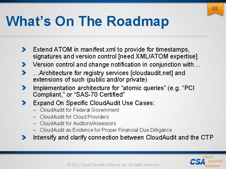 48 What’s On The Roadmap Extend ATOM in manifest. xml to provide for timestamps, 48 What’s On The Roadmap Extend ATOM in manifest. xml to provide for timestamps,