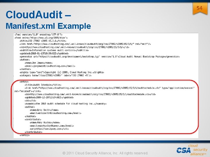 Cloud. Audit – Manifest. xml Example © 2011 Cloud Security Alliance, Inc. All rights Cloud. Audit – Manifest. xml Example © 2011 Cloud Security Alliance, Inc. All rights