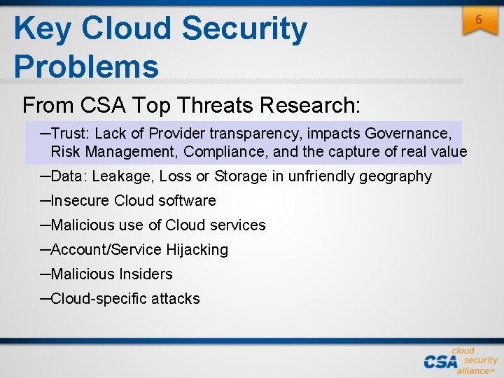 Key Cloud Security Problems From CSA Top Threats Research: –Trust: Lack of Provider transparency, Key Cloud Security Problems From CSA Top Threats Research: –Trust: Lack of Provider transparency,