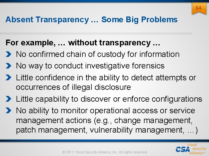64 Absent Transparency … Some Big Problems For example, … without transparency … No 64 Absent Transparency … Some Big Problems For example, … without transparency … No