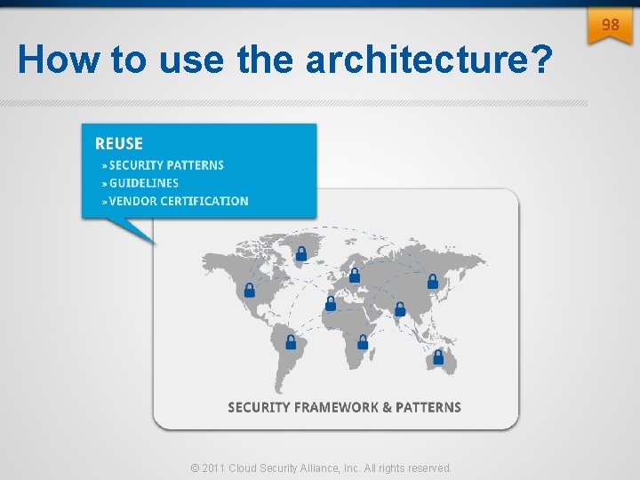 98 How to use the architecture? © 2011 Cloud Security Alliance, Inc. All rights 98 How to use the architecture? © 2011 Cloud Security Alliance, Inc. All rights
