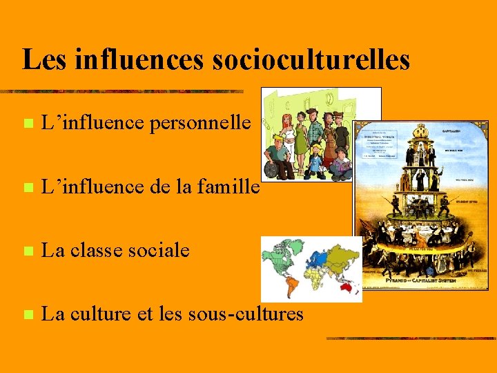 Les influences socioculturelles n L’influence personnelle n L’influence de la famille n La classe