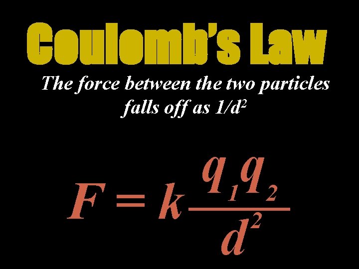Coulomb’s Law The force between the two particles falls off as 1/d 2 q