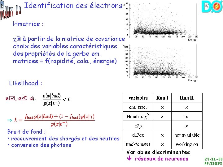 Identification des électrons Hmatrice : à partir de la matrice de covariance choix des