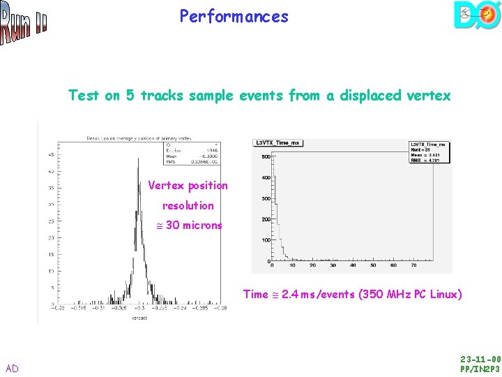 Performances Test on 5 tracks sample events from a displaced vertex Vertex position resolution