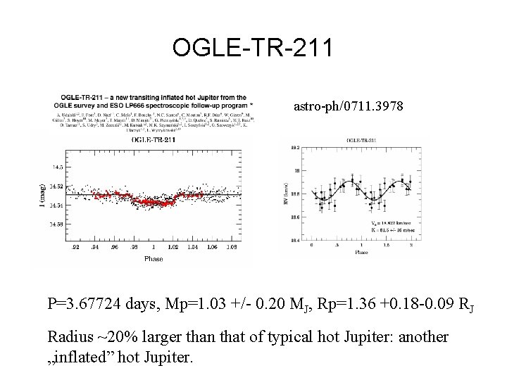 OGLE-TR-211 astro-ph/0711. 3978 P=3. 67724 days, Mp=1. 03 +/- 0. 20 MJ, Rp=1. 36