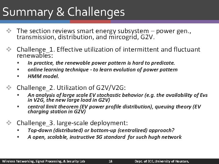 Summary & Challenges v The section reviews smart energy subsystem – power gen. ,