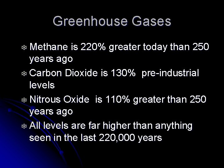 Greenhouse Gases T Methane is 220% greater today than 250 years ago T Carbon