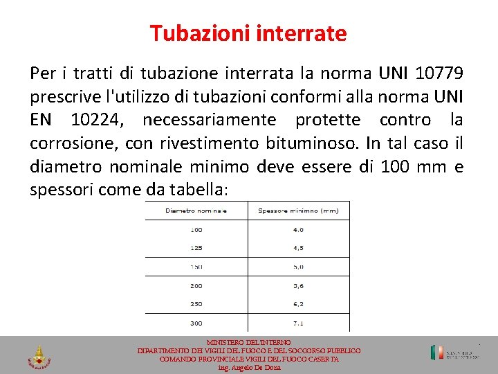 Tubazioni interrate Per i tratti di tubazione interrata la norma UNI 10779 prescrive l'utilizzo