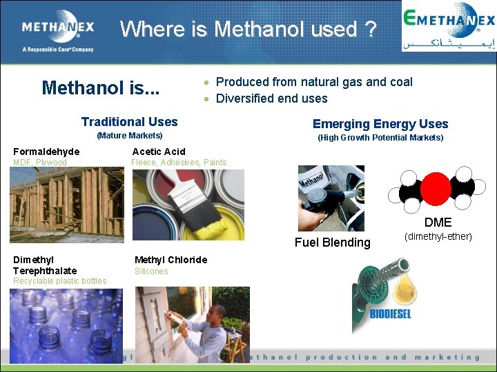 Where is Methanol used ? Methanol is. . . Produced from natural gas and