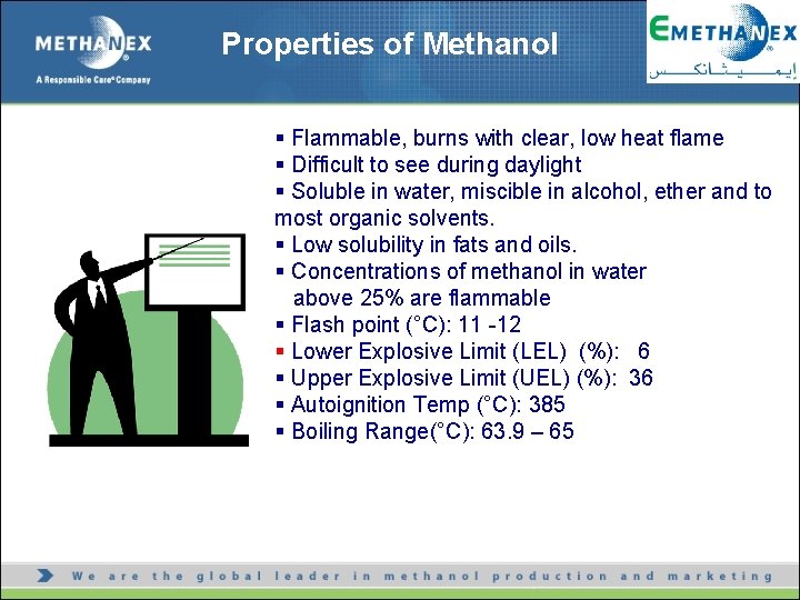 Properties of Methanol § Flammable, burns with clear, low heat flame § Difficult to