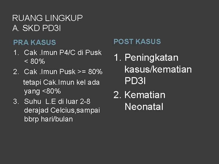 RUANG LINGKUP A. SKD PD 3 I PRA KASUS 1. Cak. Imun P 4/C RUANG LINGKUP A. SKD PD 3 I PRA KASUS 1. Cak. Imun P 4/C