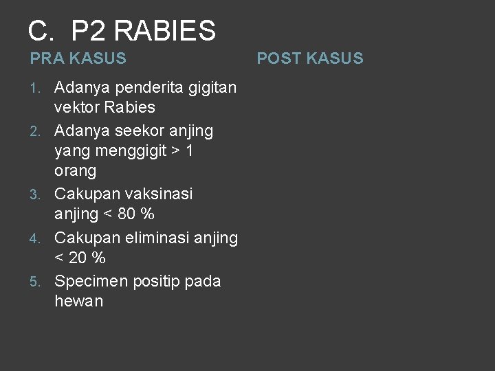 C. P 2 RABIES PRA KASUS 1. 2. 3. 4. 5. Adanya penderita gigitan C. P 2 RABIES PRA KASUS 1. 2. 3. 4. 5. Adanya penderita gigitan