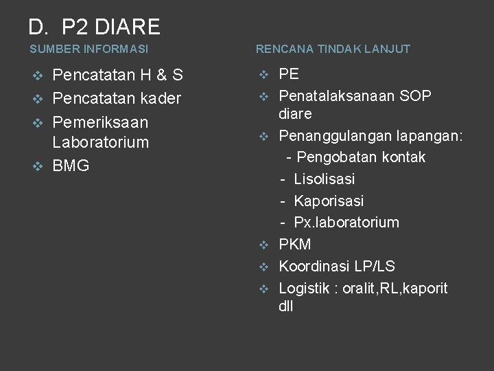 D. P 2 DIARE SUMBER INFORMASI RENCANA TINDAK LANJUT Pencatatan H & S v D. P 2 DIARE SUMBER INFORMASI RENCANA TINDAK LANJUT Pencatatan H & S v