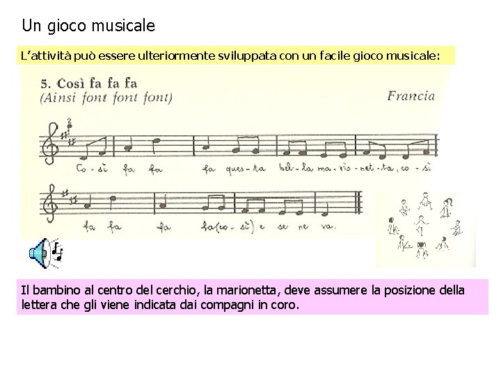 Un gioco musicale L’attività può essere ulteriormente sviluppata con un facile gioco musicale: Il