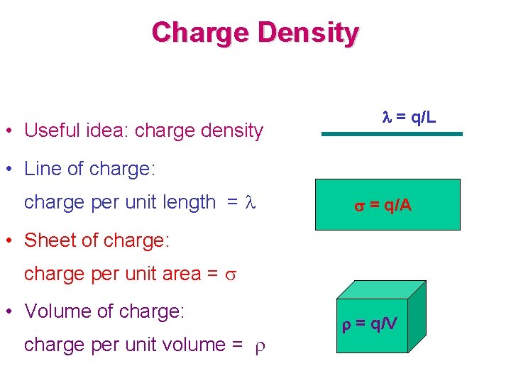 Charge Density • Useful idea: charge density = q/L • Line of charge: charge